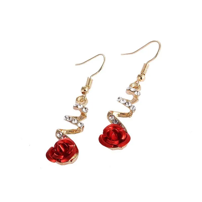 1 Pair Of Rose Earrings Alloy Rhinestone Fashionable Fish Hook Earrings For Women Fashion Trendy Jewelry