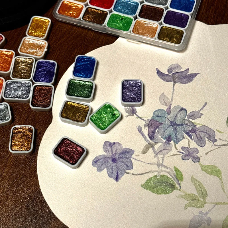 20 Colors Metal Watercolor Painting Set, Portable Box With Shiny Pearls Solid Watercolor Painting 3