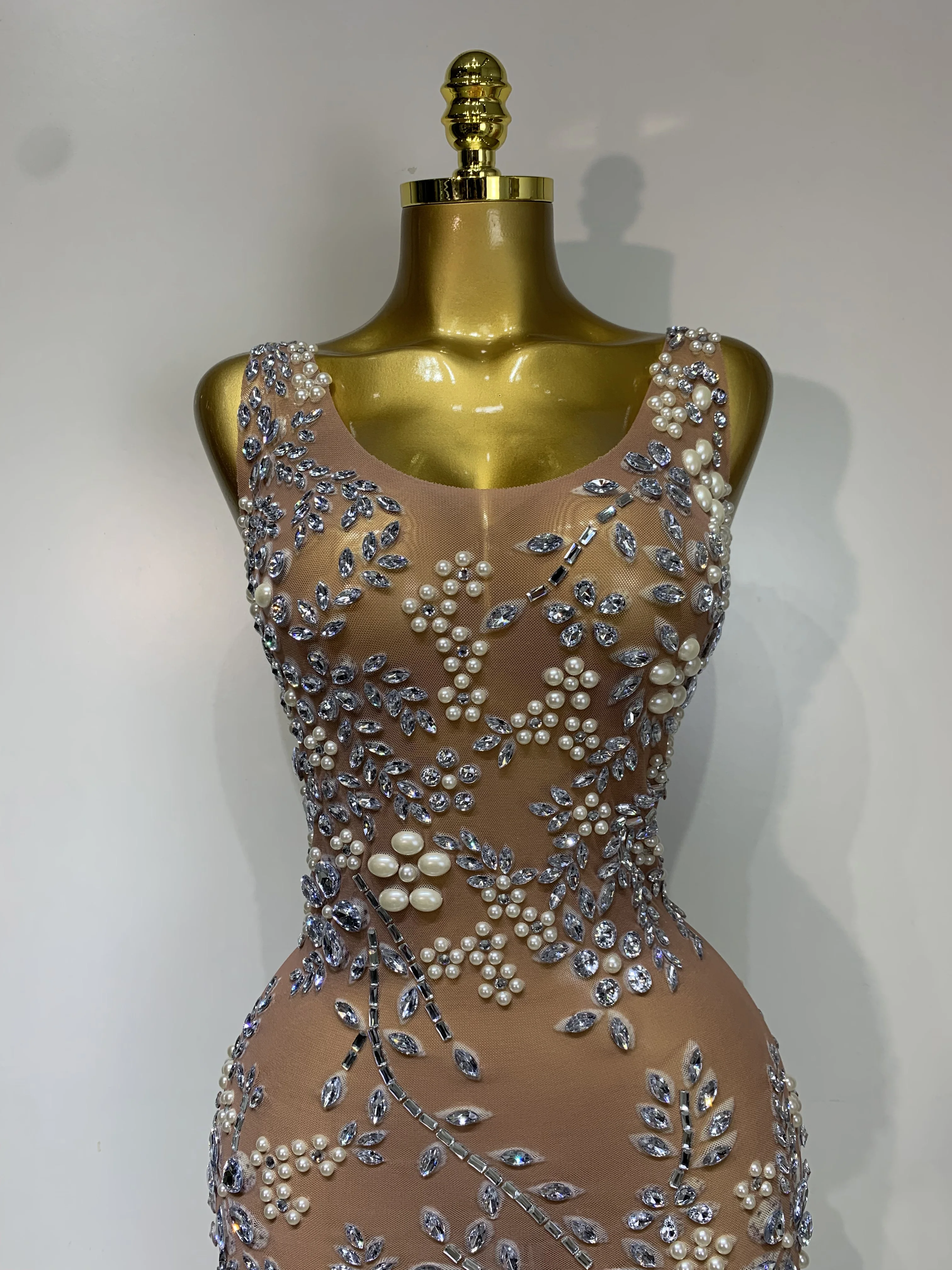 Women Lxury Diamonds Mesh See Through Long Dress Celebrity Elegant Evening Party Fancy Club Dress Singer Performance Costume 5