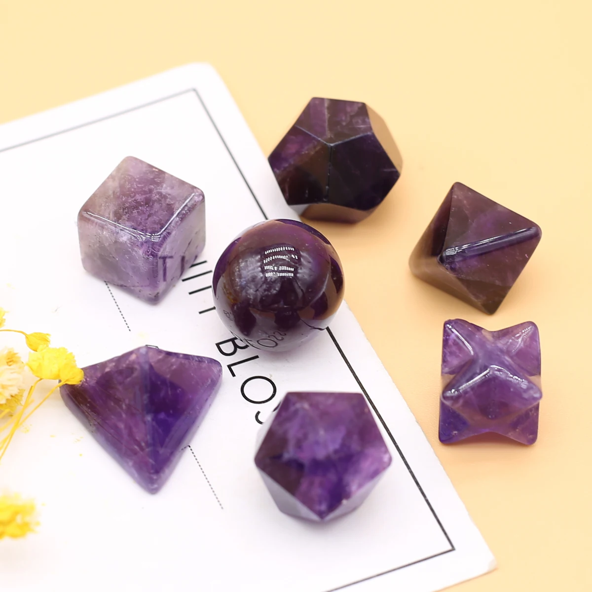 

7PCS Chakra Natural Amethysts Platonic Solids Geometry Base Reiki Healing Polishing Tumbled Energy Gemstones Set 18x22mm