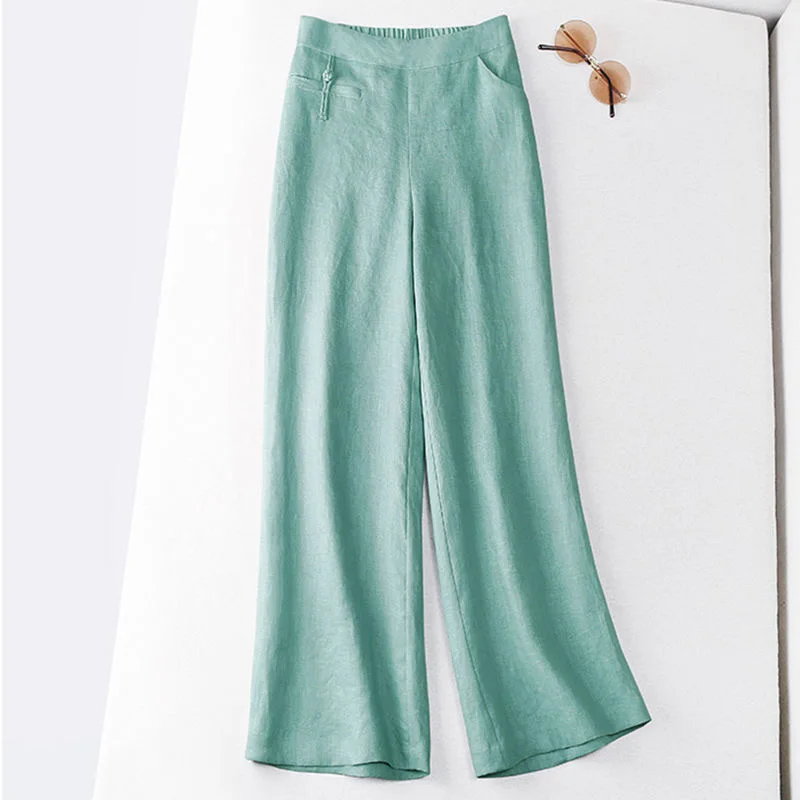 Linen  Straight  Elastic Waist  Solid  Button Decoration  Show Thin  Wide-legged Pants slacks