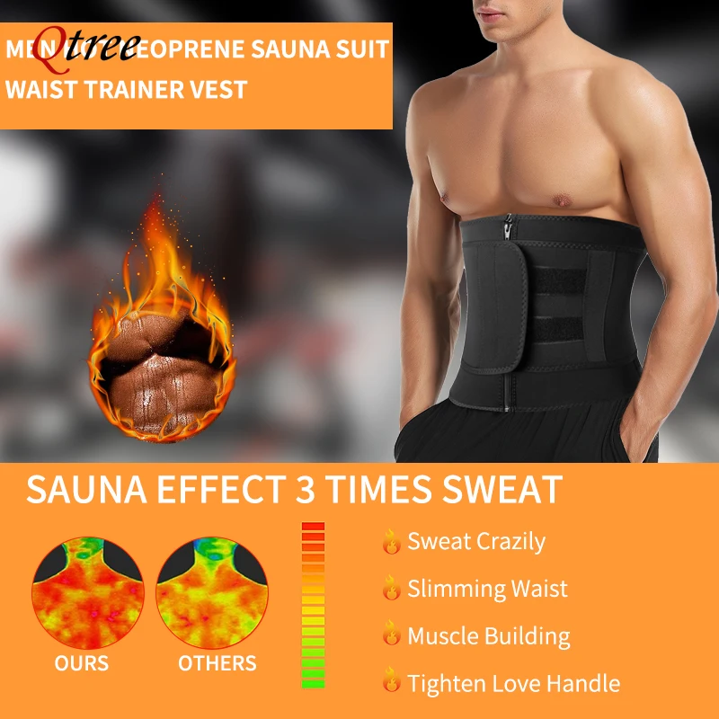 Qtree Men Workout Waist Trainer Tummy Slimming Sheath Sauna Body Shaper Trimmer Belt Abs Abdomen Mens Shapewear Weight Loss
