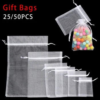 25/50Pcs White Drawstring Pocket Drawable Candy Pouches Organza Gauze Sachet Gift Bags Jewelry Packing Christmas Party Supply 1