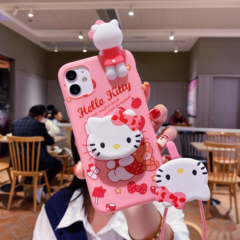 My Melody Hello Kitty For iPhone 6 6s 7 8 X Xs Max XR 11 12 13 14 15 Pro SE Max Case TPU Soft Phone Case With Holder Strap Rope