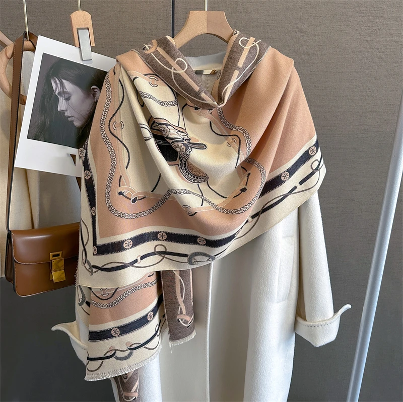 

Chain Print Thick Cashmere Hijab Poncho Women Luxury Scarf 2023 Design Warm Pashmina Travel Blanket Shawl Wraps Bufanda Echarpe