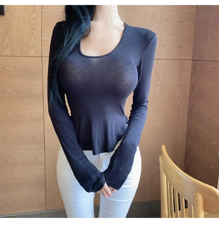 Frühling Sommer Sexy Slim Fit T-Shirt mit abgerundetem Saum, dünn, durchsichtig, vielseitiges Kurzarm-Top, 2026, modisches Damen-Langarm-T-Shirt – Detail 29