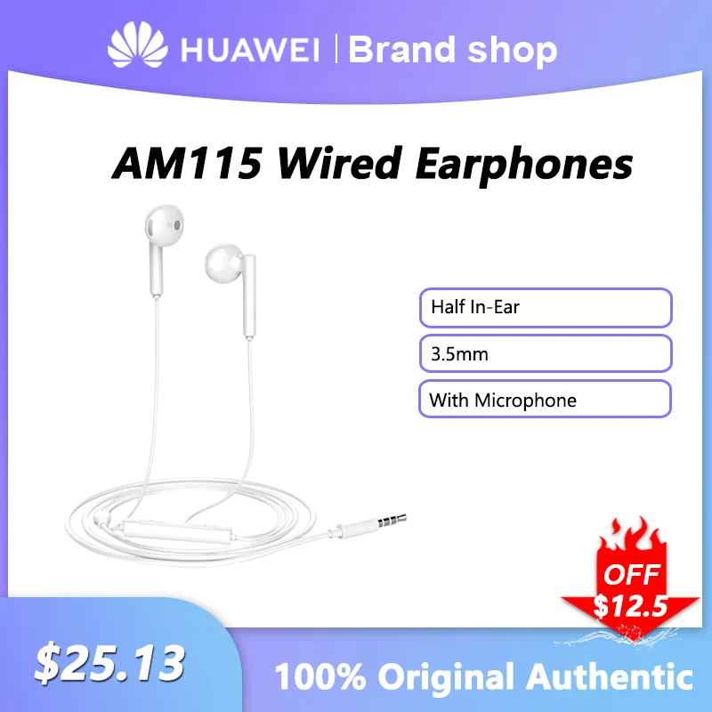 

Original Huawei AM115 Wired Earphones 3.5mm Half In-Ear Sports Headphone Metal Heavy Bass Computer PC Headset With Microphone