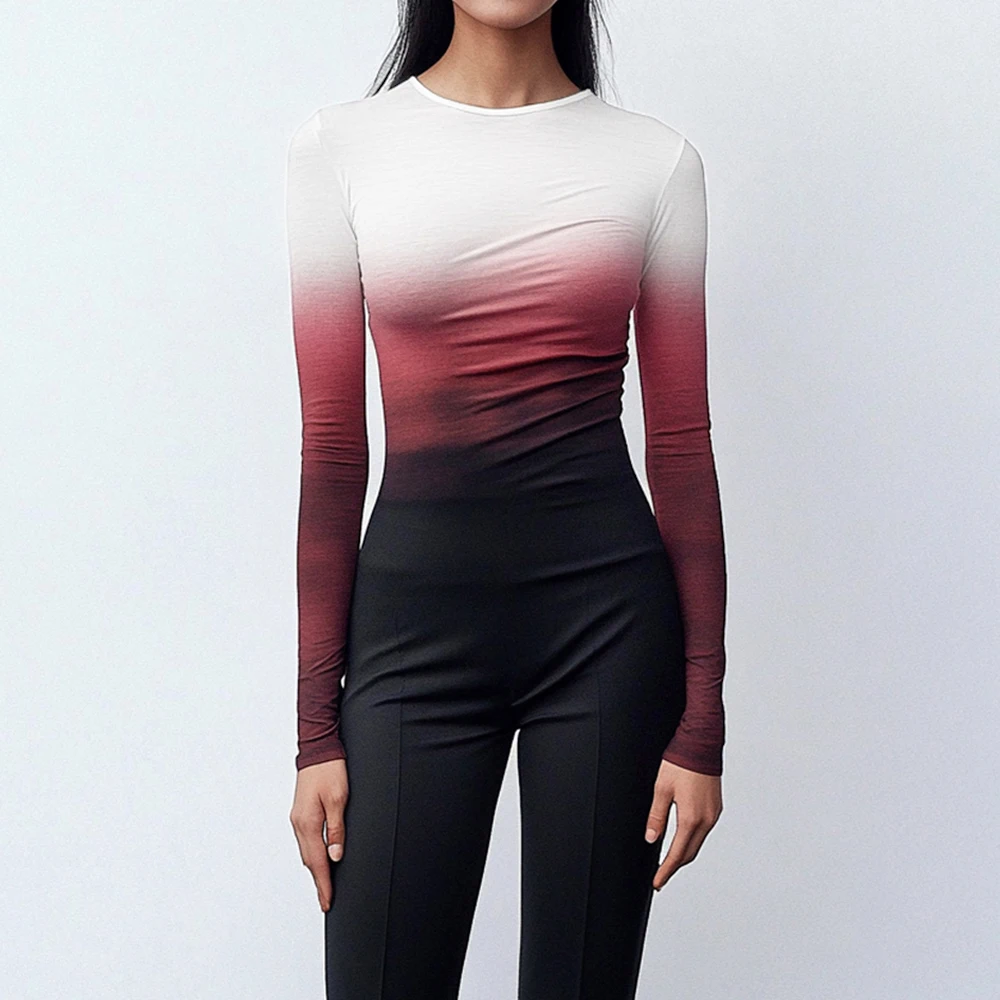 thumbnail image 1 of Camisetas Mia Muse para mujer, otoño, corte sencillo, entalladas, manga larga, cuello redondo, moda., 1 of 5