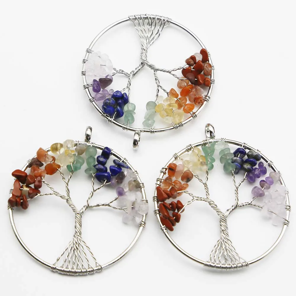Natural Stone Colorful Crystal Silver Round Fortune Life Tree Pendant Necklace Charm DIY Jewelry Accessories Gift Wholesale 8Pcs