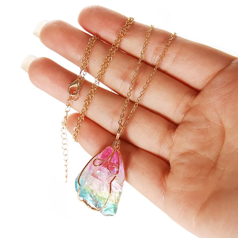 Crystal Necklace 1Pcs Irregular Rainbow Stone Natural Crystal Fashion Chakra Rock Nice Gift for Lover Friends crystal necklace