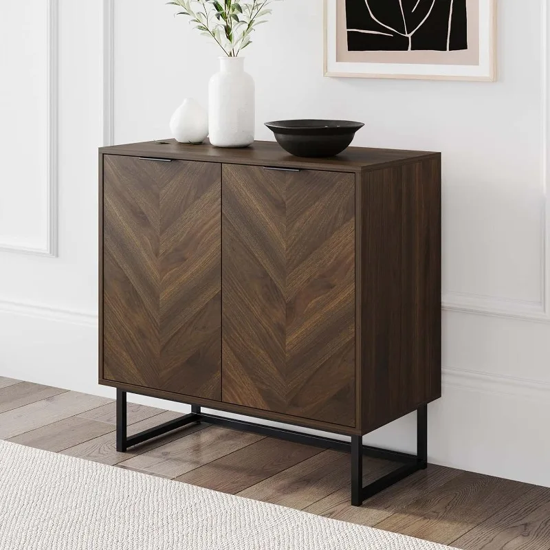 

Modern Sideboard Buffet, 32 inch Storage Accent Cabinet with Doors in a Rustic Finish and Matte Metal Base, Walnut/Black