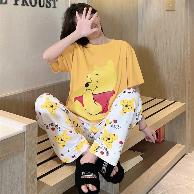 

Disney Cute Pooh Print 2pcs Set Pajamas Women's Summer Short Sleeve Pants Sweet Girl Casual Loose Homewear Suit Pajamas