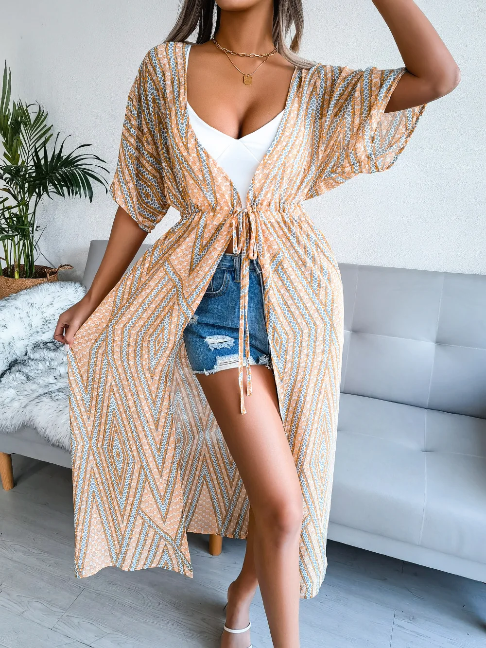 Summer Women Casual Lacing Printing Striped Chiffon Beach Sun Protection Clothing Oversize V-neck Chiffon Multicolor Cardigan bikini cover up set