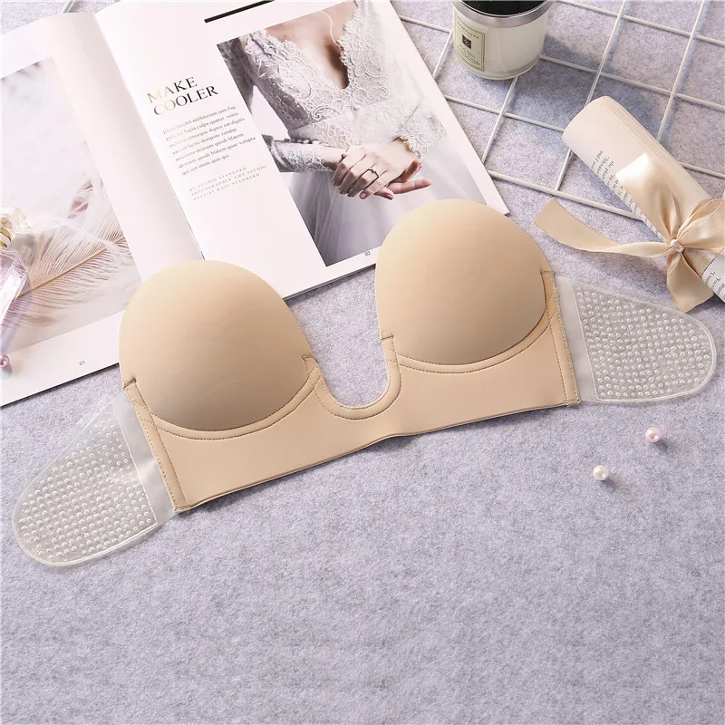 YBFDO Women Self Adhesive Bras Invisible Breast Cover Sexy Deep U Strapless Backless Sticky Push Up Underwear Lift Up Bralette