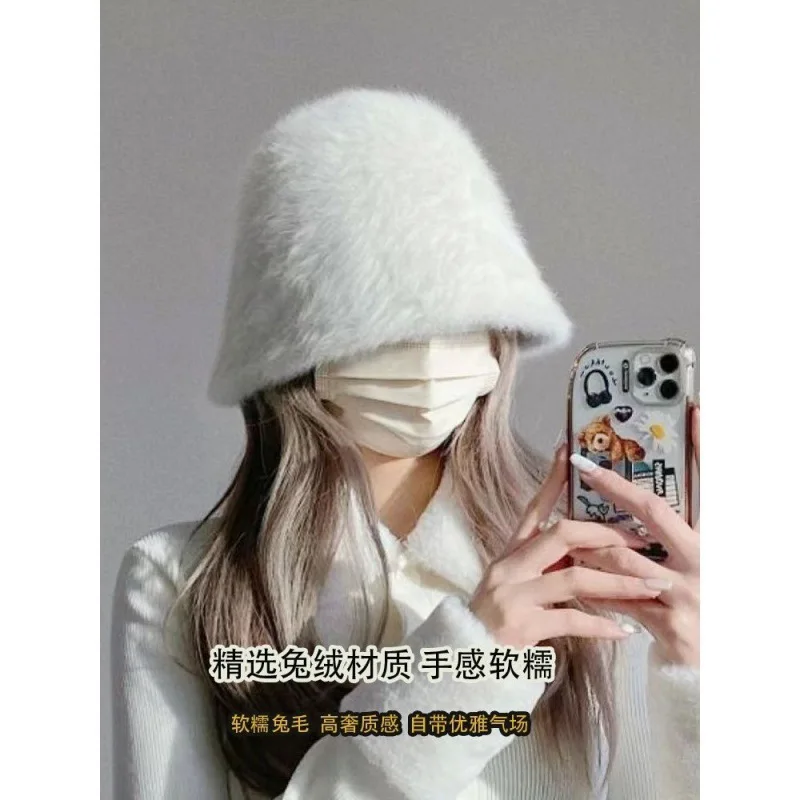 Rabbit Hair Fisherman Hat for Women Autumn-winter Basin Hat Head Round Plush Senior Sense Face Small White Bucket Hat for Women