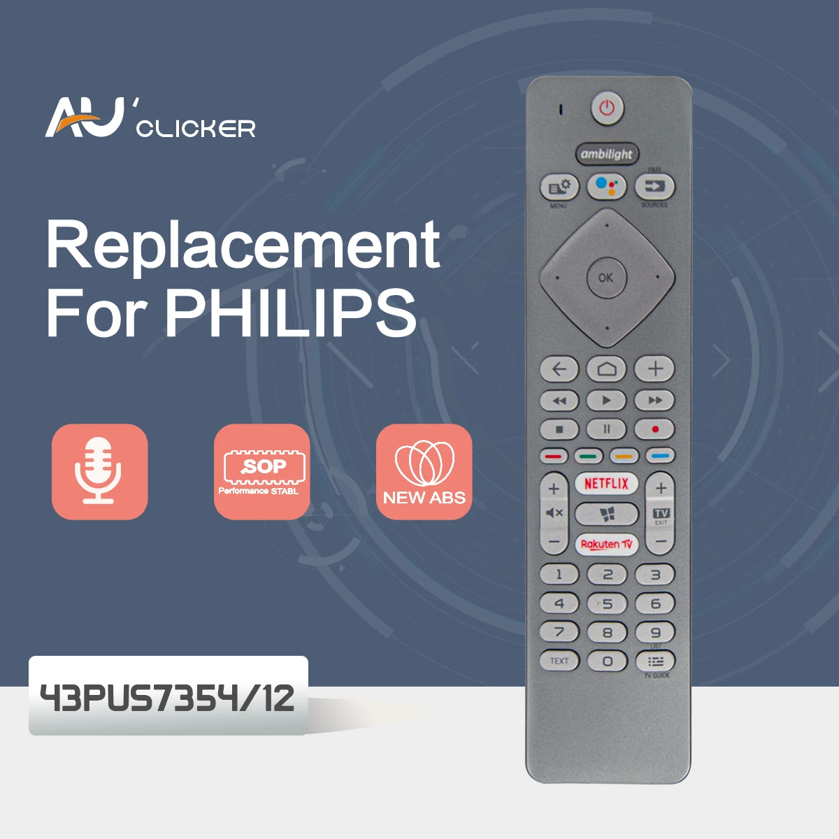 43 Pus7354/12 Telecomando Tv Vocale Per Philips 7300 Series 4K Led Android Tv Con Ambilight Controllo Vocale Ai Su 3 Lati Google