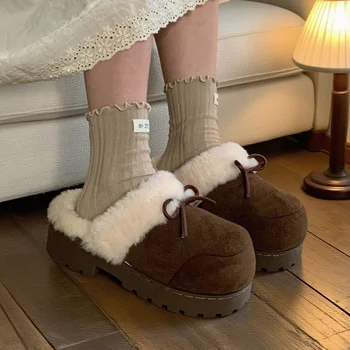 Women's Winter Soft Fleece-Lined Outdoor Slippers with Bow Detail: Fashionable Cotton-Lined, Warm, and Slip-Resistant 1
