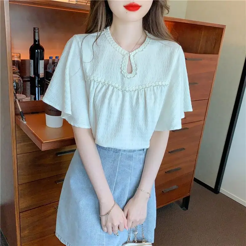 Sweet O-Neck Hollow Out Spliced Folds Butterfly Sleeve Blouses Female Clothing 2024 Summer New Loose Chic Tops All-match Shirts