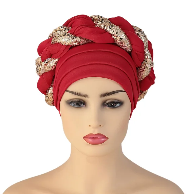 Turbans for Women Pleated Beanie Headwrap African Hat Arab Wrap Muslim Scarf Hijabs Hair Aso Oke Auto Gele Readymade to Wear Cap 032