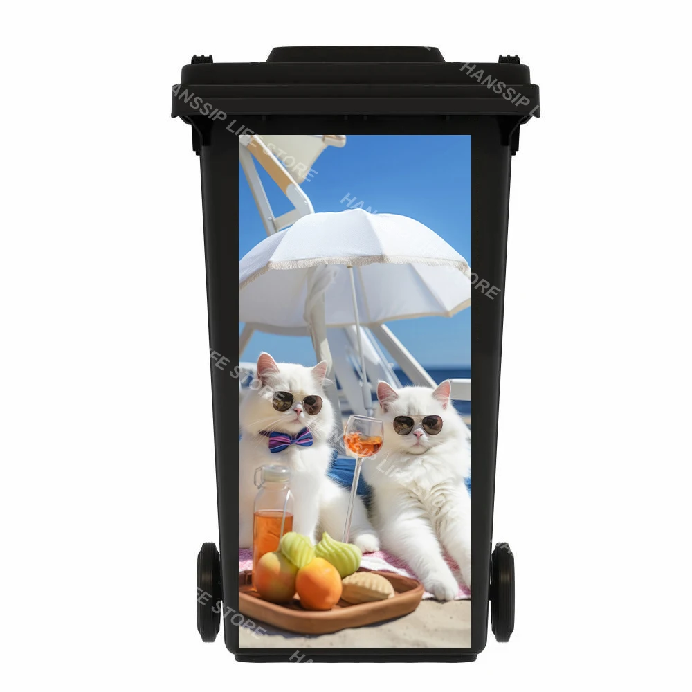 Creative Animal Personality Murals Trash Can Sticker Removable Kitten Surfing Art Decals for Outdoor Wheeled Dustbin Poster