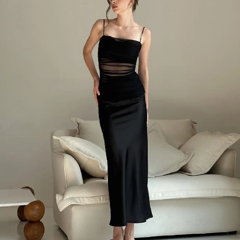 

Black Maxi Dresses For Women 2024 Satin Long Skirt Mesh Sexy Sleeveless Backless Bodycon Dresses Female Party Evening Vestido