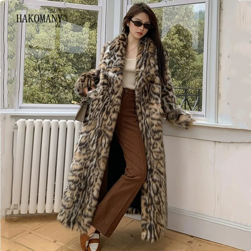 2023 Winter Animal Leopard Faux Fur Extra Long Coat Full Sleeve Bow Sashes Loose Warm Shaggy Jacket Loose Outerwear