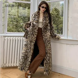 2023 Winter Animal Leopard Faux Fur Extra Long Coat Full Sleeve Bow Sashes Loose Warm Shaggy Jacket Loose Outerwear