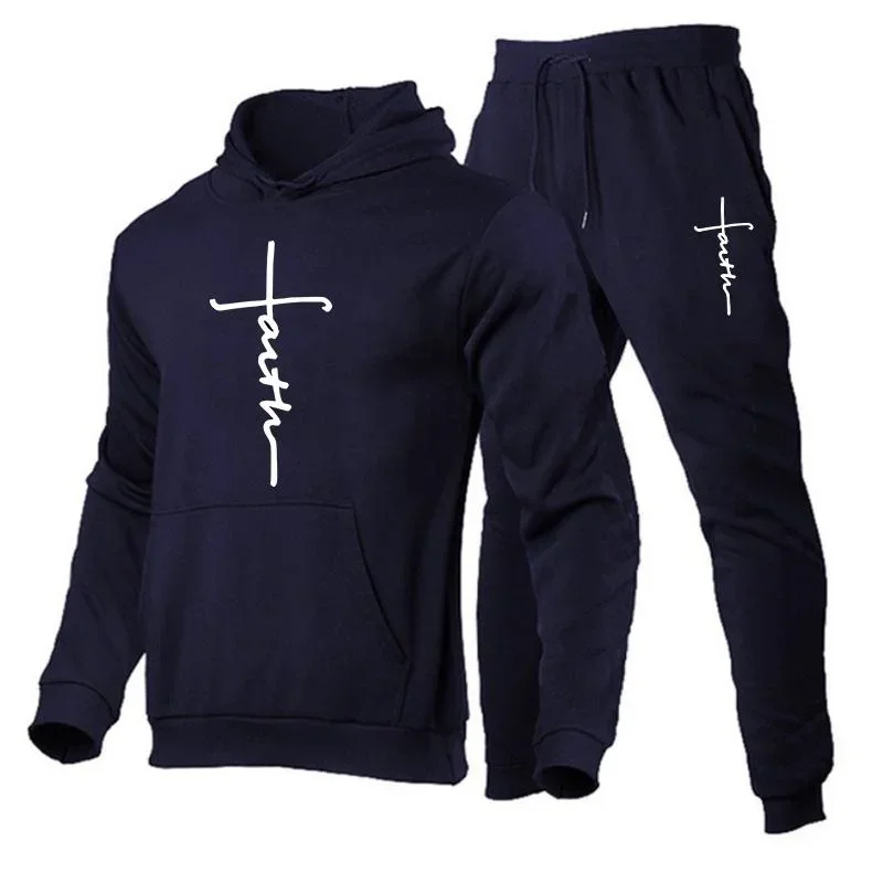 Men's Tracksuit Hooded Sweatshirt + Sweatpants 2 Piece Set Autumn Winter Male Fleece Casual Jogger Sports Suit Sportswear
