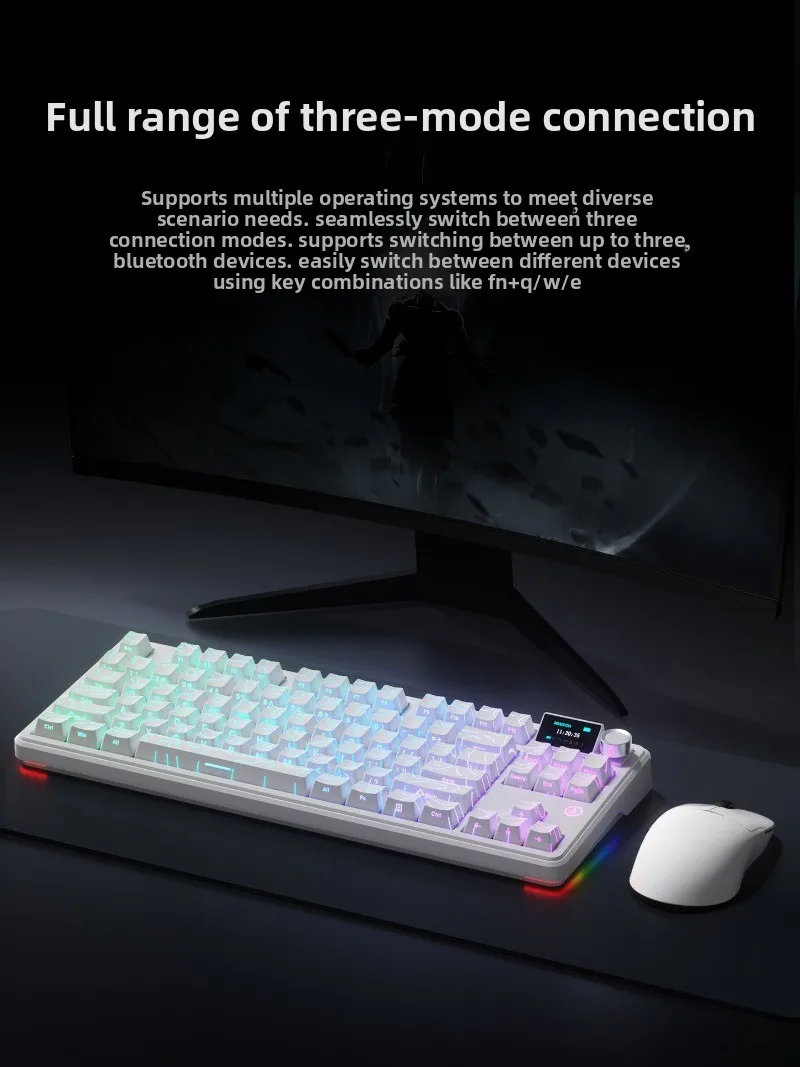 AJAZZ MK87 무선 기계식 키보드 플러그형 노브 및 디스플레이 스크린 인체공학적 RGB 맞춤형 오피스 게이밍 키보드