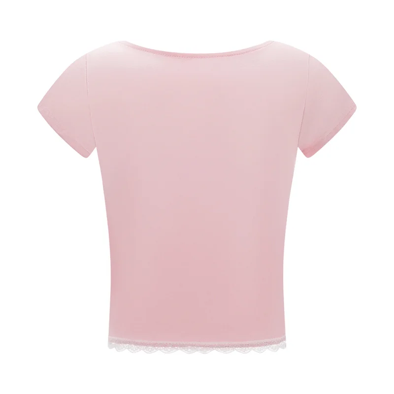 y2k Lace Trim Crop Top Women Sweetheart Neck Short Sleeve T Shirt with Bow Coquette Aesthetic Clothes 2000s Streetwear
