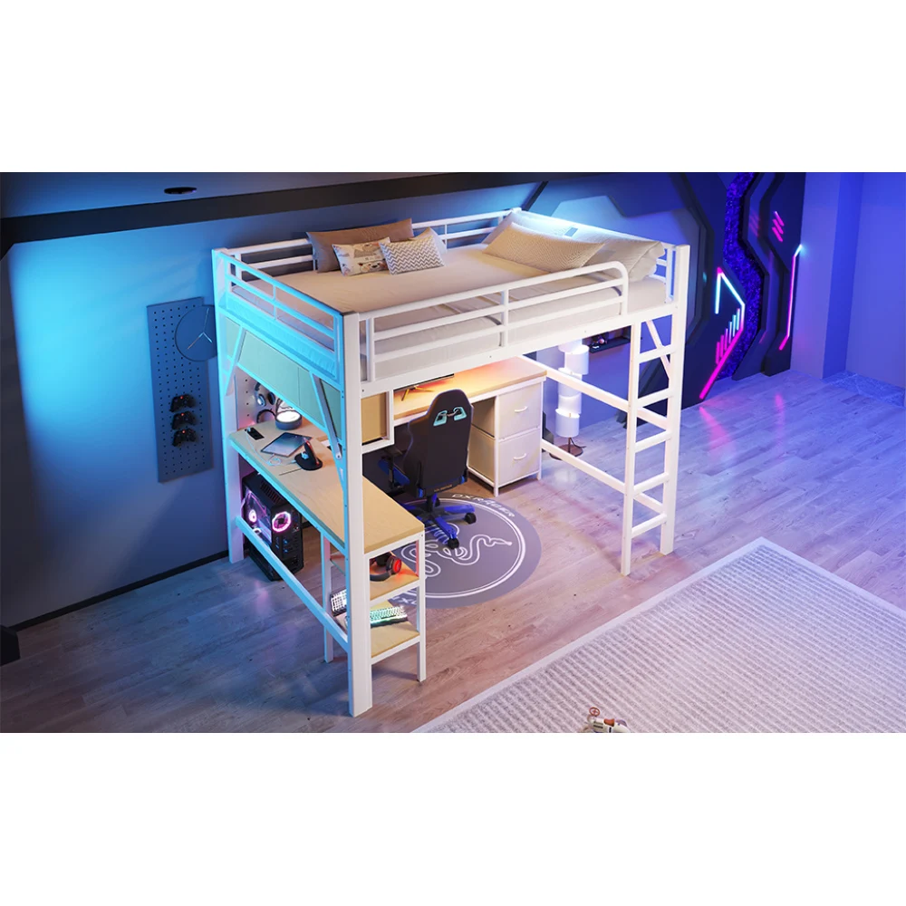 140 x 200 cm modernes Metall-Hochbett für Spiele mit Bücherregal, Kinder-Etagenbett mit Schreibtisch und Kleiderschrank, USB- und LED-Beleuchtung, weiß – Detail 8