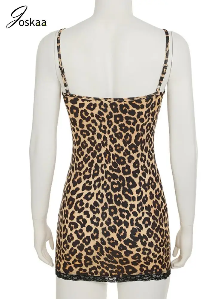 Joskaa Lace Patchwork Leopard Print Mini Dress Women Sexy Adjustable Shoulder Strap Sleeveless Body-Shaping Robe Party Clubwear