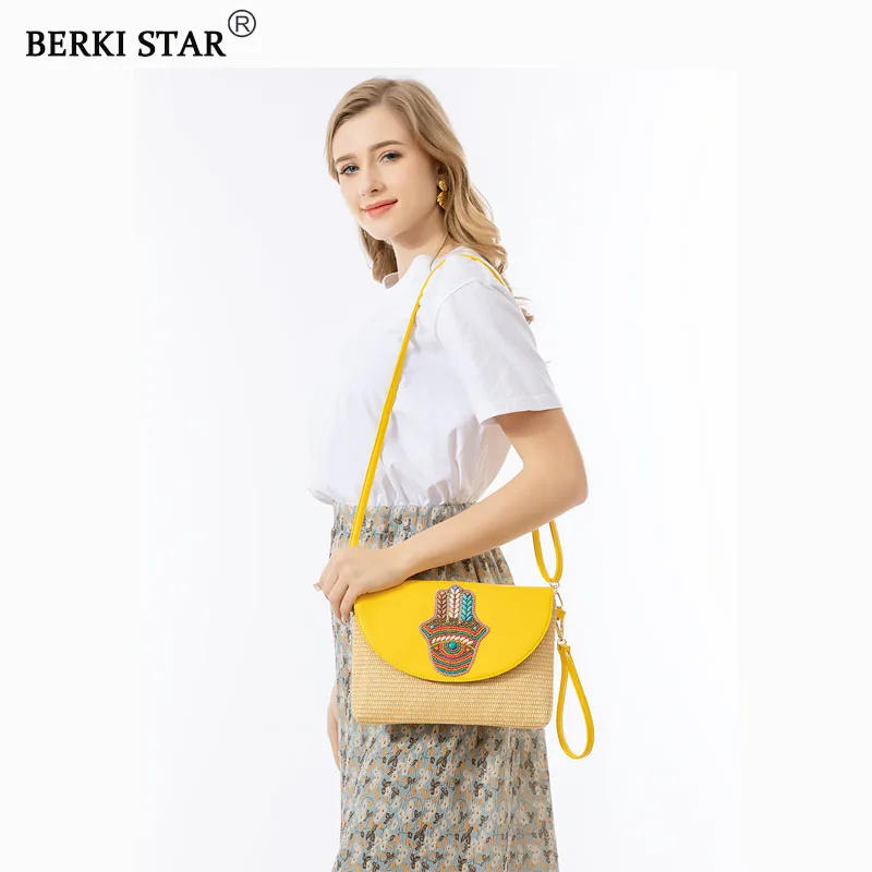 

Соломенная Сумка BERKI со звездами для женщин, шикарная плетеная Сумка через плечо, кошелек на ремне с регулируемым ремешком, пляжная сумка для девушек