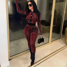

Wishyear 2022 Gold Jacquard Houndstooth Long Sleeve Bodycon Jumpsuit Women Sexy Fashion Sparkly Nightclub One Piece Outfit