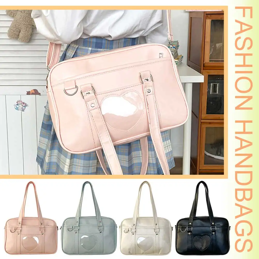 Women Jk School Handbag Large Capacity PU Anime Crossbody Bag Transparent Love Heart Shoulder Uniform Bag for Shopping Commuting 5