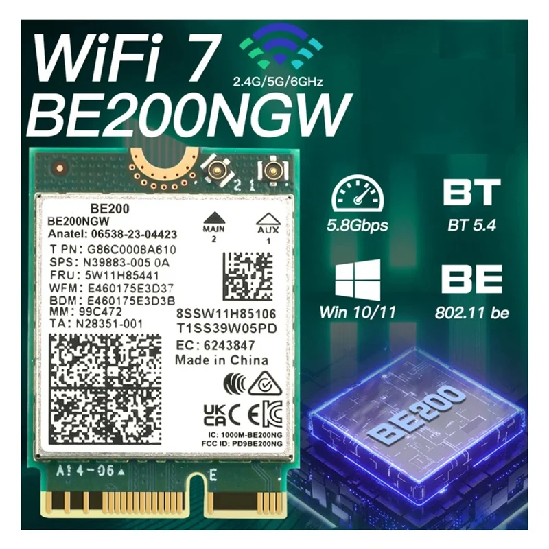PC 노트북용 녹색 플라스틱 무선 네트워크 카드, BE200, 와이파이 7, BT5.4, 1 개