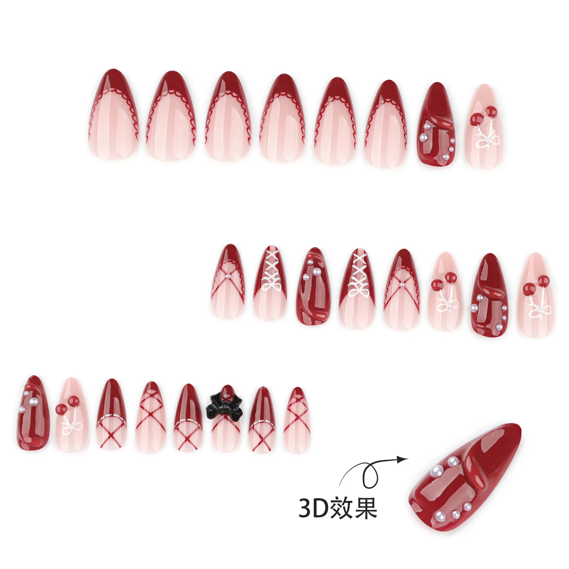 24개입 새 프렌치 레드 프레스온 네일, 3D 블랙 리본 체리 디자인 아몬드 모양 여성용 착용 가능한 스윗 쿨 페이크 네일