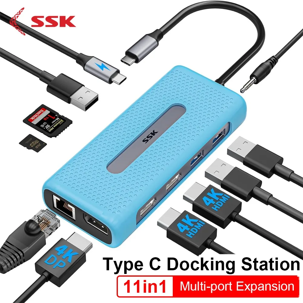 

SSK USB C Docking Station Dual Monitor 11 in 1 Triple Display Docking Station Adapter 2 HDMI for MacBook/Dell/HP/Lenovo Laptops