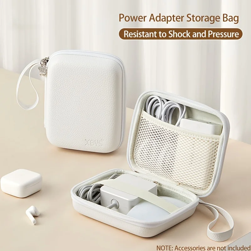1PC Shockproof Hard Shell Lychee Pattern Power Adapter Storage Bag, Portable Storage Bag for Digital Accessories