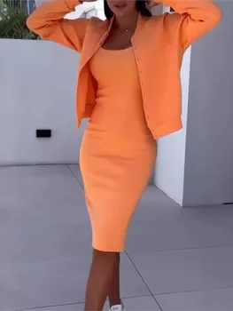 Spring Summer Sexy Slimming Suspender Dress Long-sleeved Coat Two-piece Set Women's Gentle Style Simple Solid Color Skirt Set 1