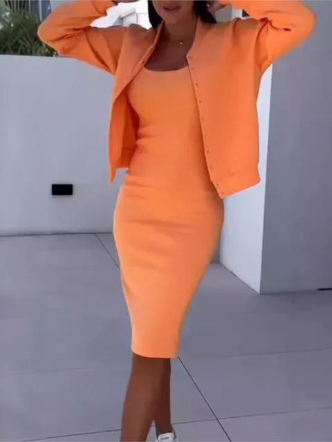 Spring Summer Sexy Slimming Suspender Dress Long-sleeved Coat Two-piece Set Women's Gentle Style Simple Solid Color Skirt Set 1