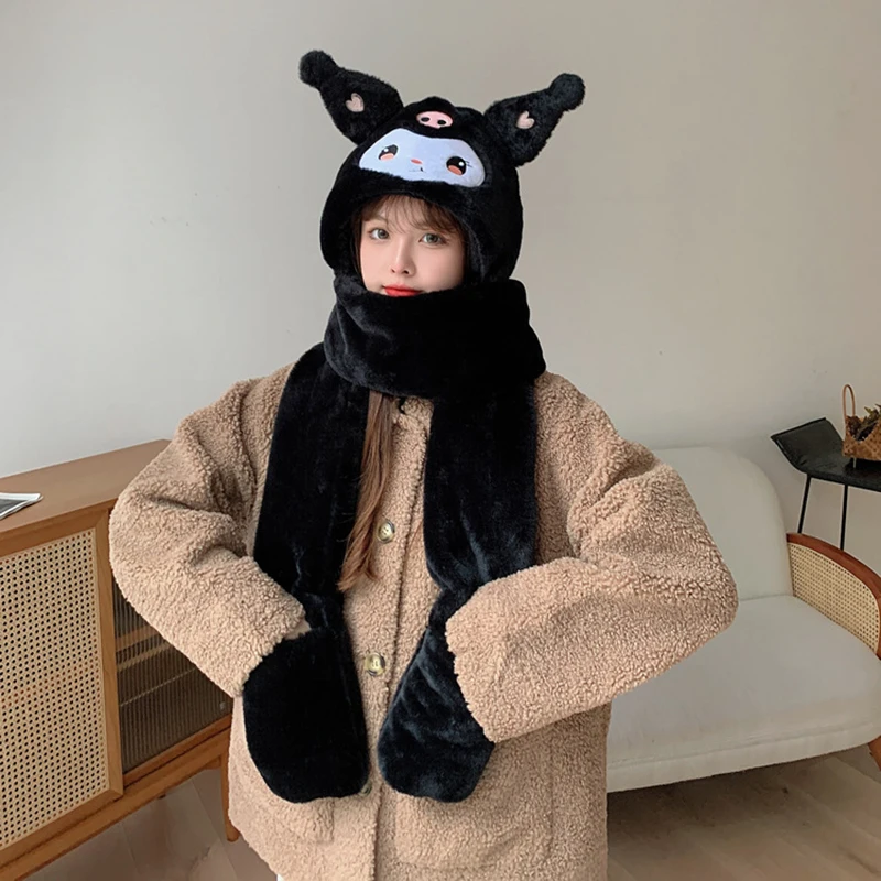 Kuromi Cinnamoroll Winter Plush Ear Move Hat Scarf Women Kids Ear Hat Scarf Gloves Set 3 In 1 Children Cute Cartoon Cap plush toys,plush hat toys