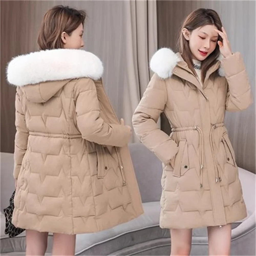 

2024 Winter Women New Korean Down Cotton Coat Warm Cardigan Female Medium Length Loose Thickened Waistband Slim Cotton Jacket