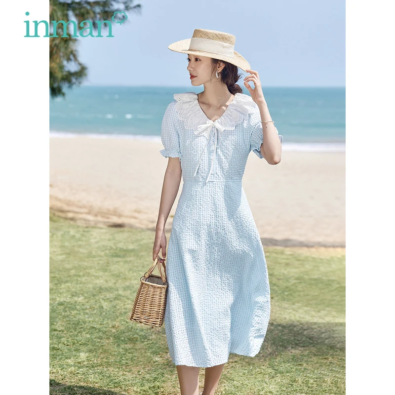 INMAN Women Dress 2023 Summer Puff Sleeve Hollow Lace V-neck A-shaped Slim Waist Texture Fabric French Elegant Romantic Skirt