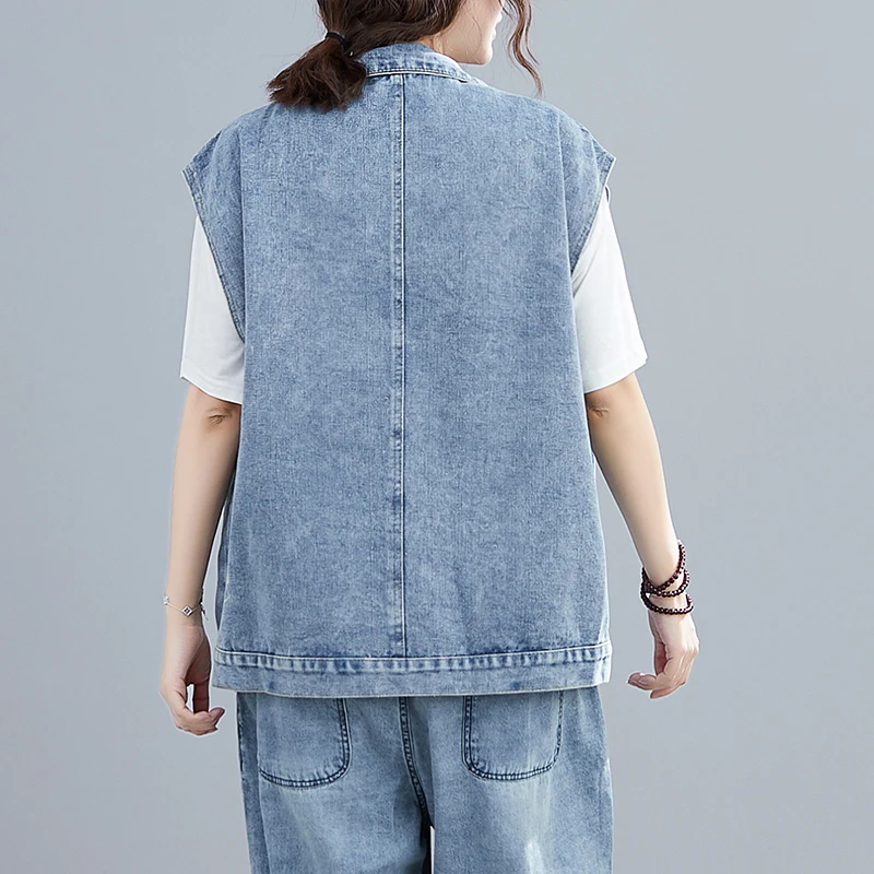 Women Denim Jacket Sleeveless Spring Loose Tops Solid Pockets Vest for Women Casual Coats