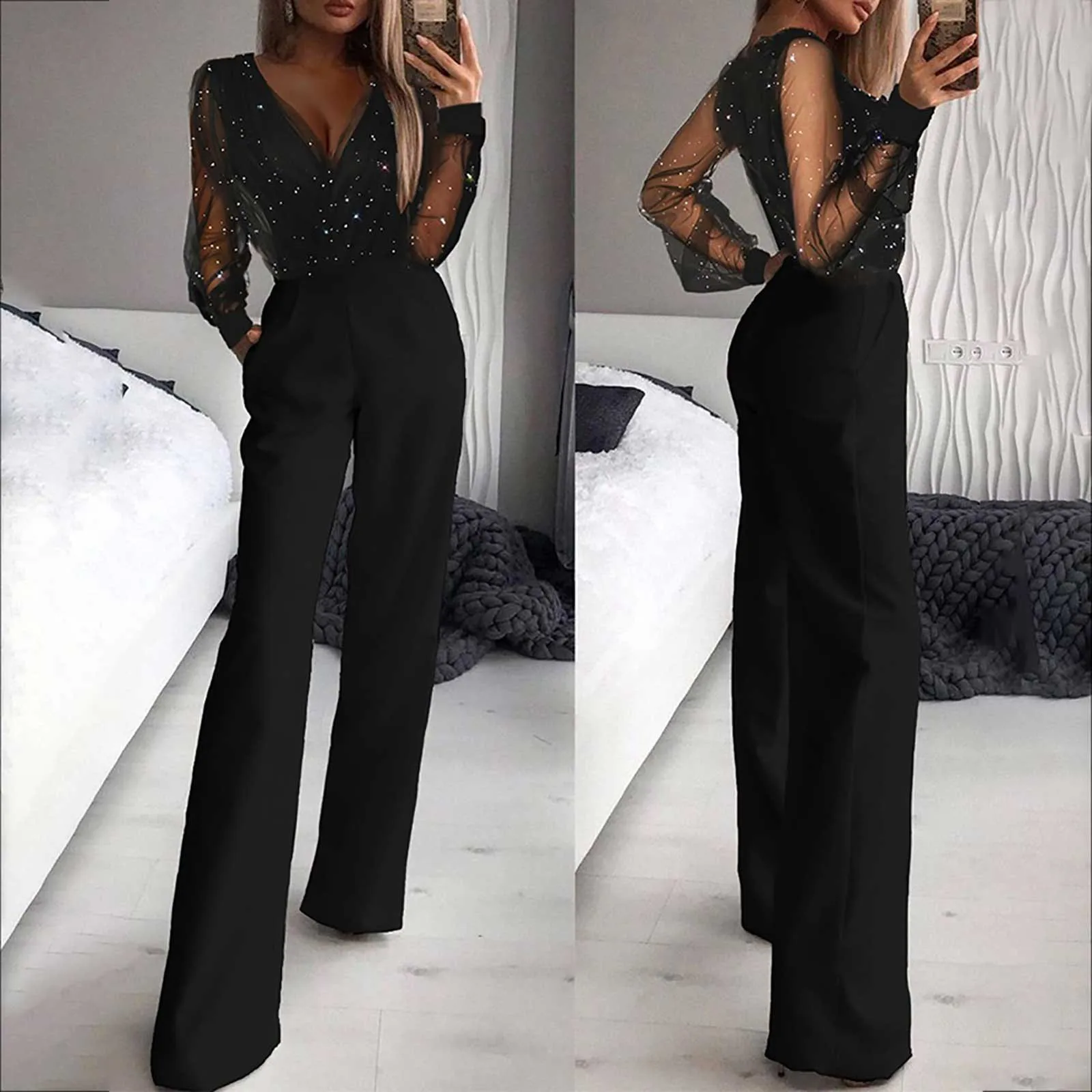 Fashion Rompers Female Black V-Neck Mesh Sequins Gold Powder Long Sleeve Elegant Party Tracksuit Body for Women Bodysuit Evening summer two pieces short set for women tracksuit suits sheer mesh top and sorts sets fitness sport suit party sexy club outfits