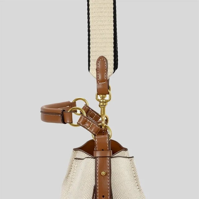Fashion Panelled Canvas Bucket Bag Designer Women Handbags Luxury Pu Leather Shoulder Crossbody Bags with Wide Strap Tote Purses 4