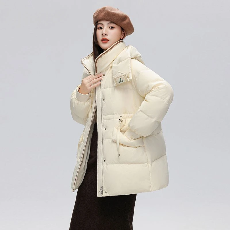 

New White Duck Down Coat Warm Winter Clothes Women Fashion Hooded Pockets Puffer Jacket Mid-length Overwear Casual Slim B37