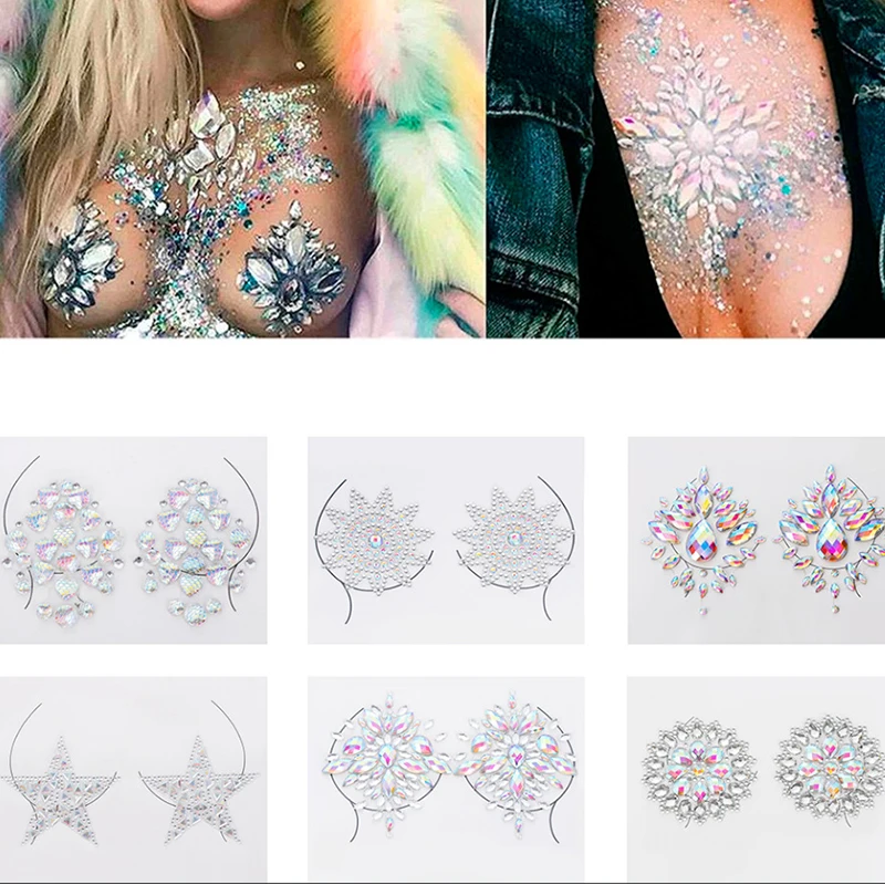 

3D Crystal Chest Jewels Temporary Tattoo Sticker Rhinestone Flash Tattoos Adhesive Face Jewel Gem Body Paint Sticker for Party