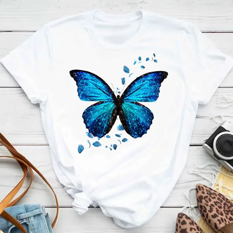 Camiseta con estampado de pétalos de mariposa para mujer, blusa de manga  corta y cuello redondo, camisetas gráficas bonitas, Tops femeninos Clothin, 